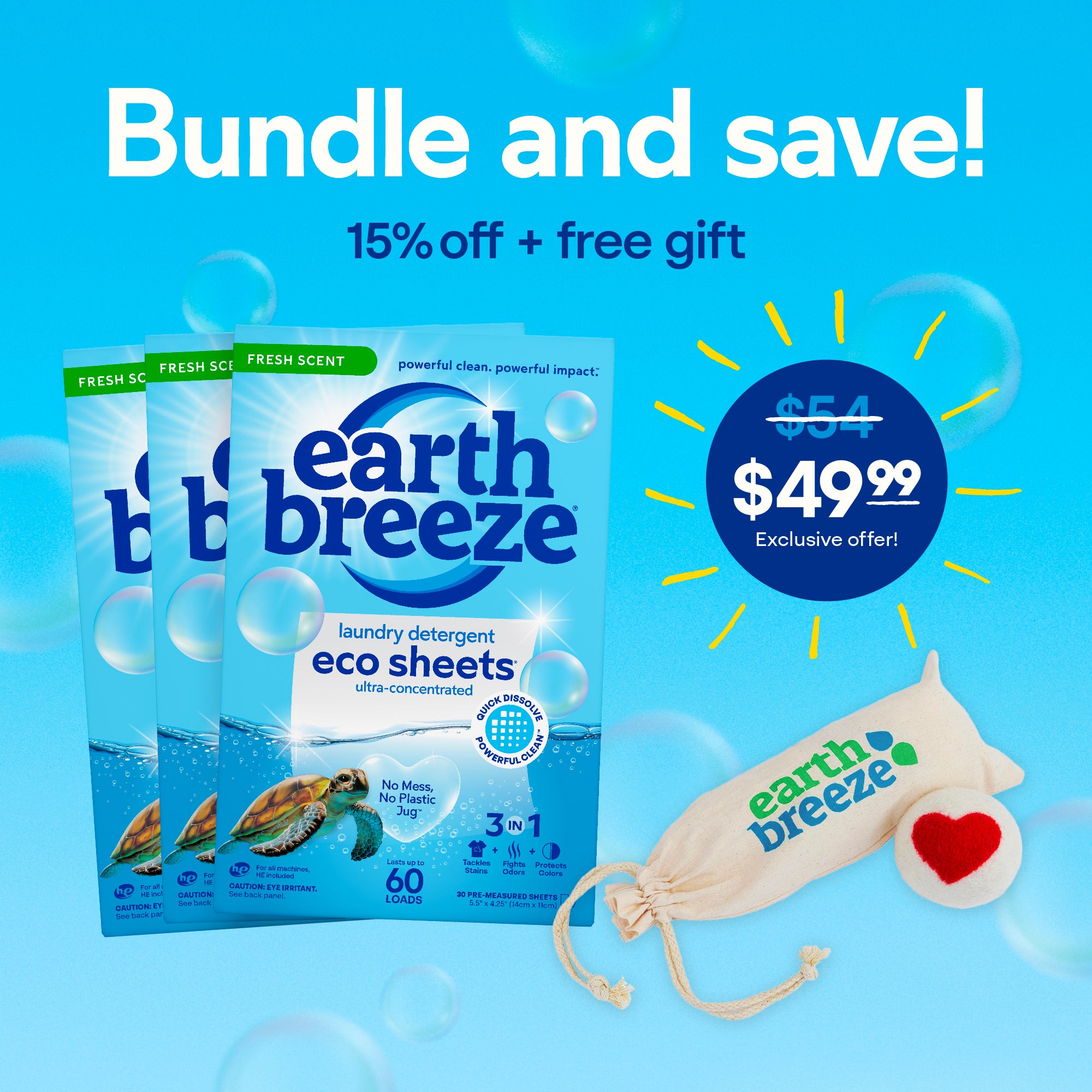 Packaging of Earth Breeze laundry detergent eco sheets with turtle and water bubbles.