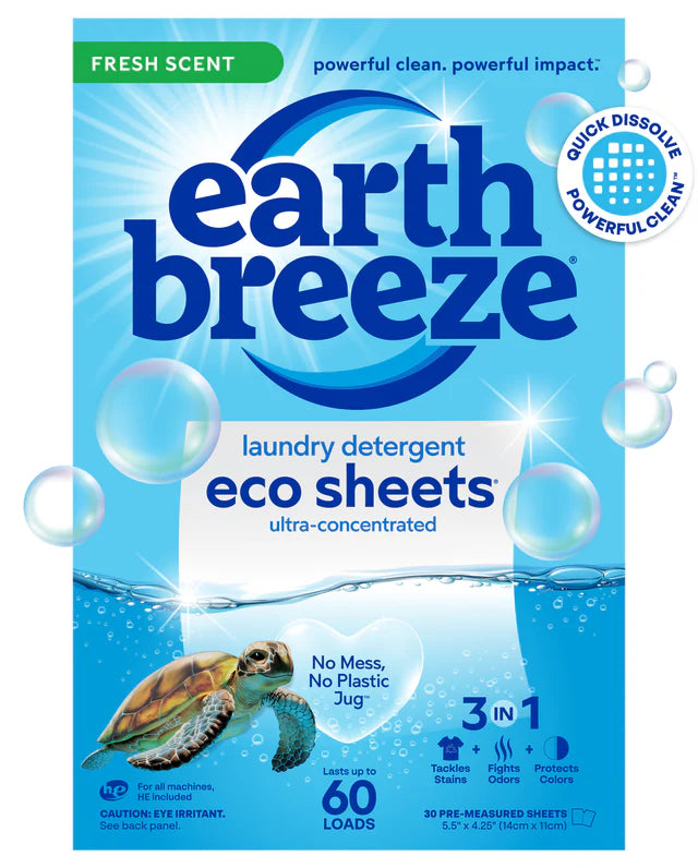 Packaging of Earth Breeze laundry detergent eco sheets with turtle and water bubbles.